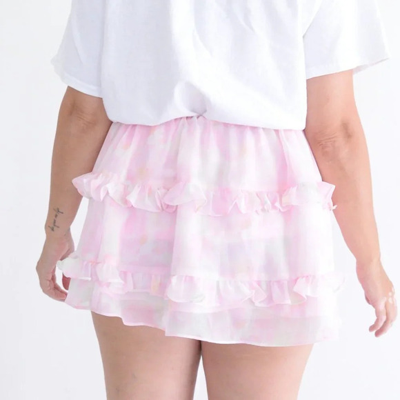 For Love And Lemons Pink & Cream Floral Ariana Layered Ruffle Mini Skirt S - Picture 3 of 10
